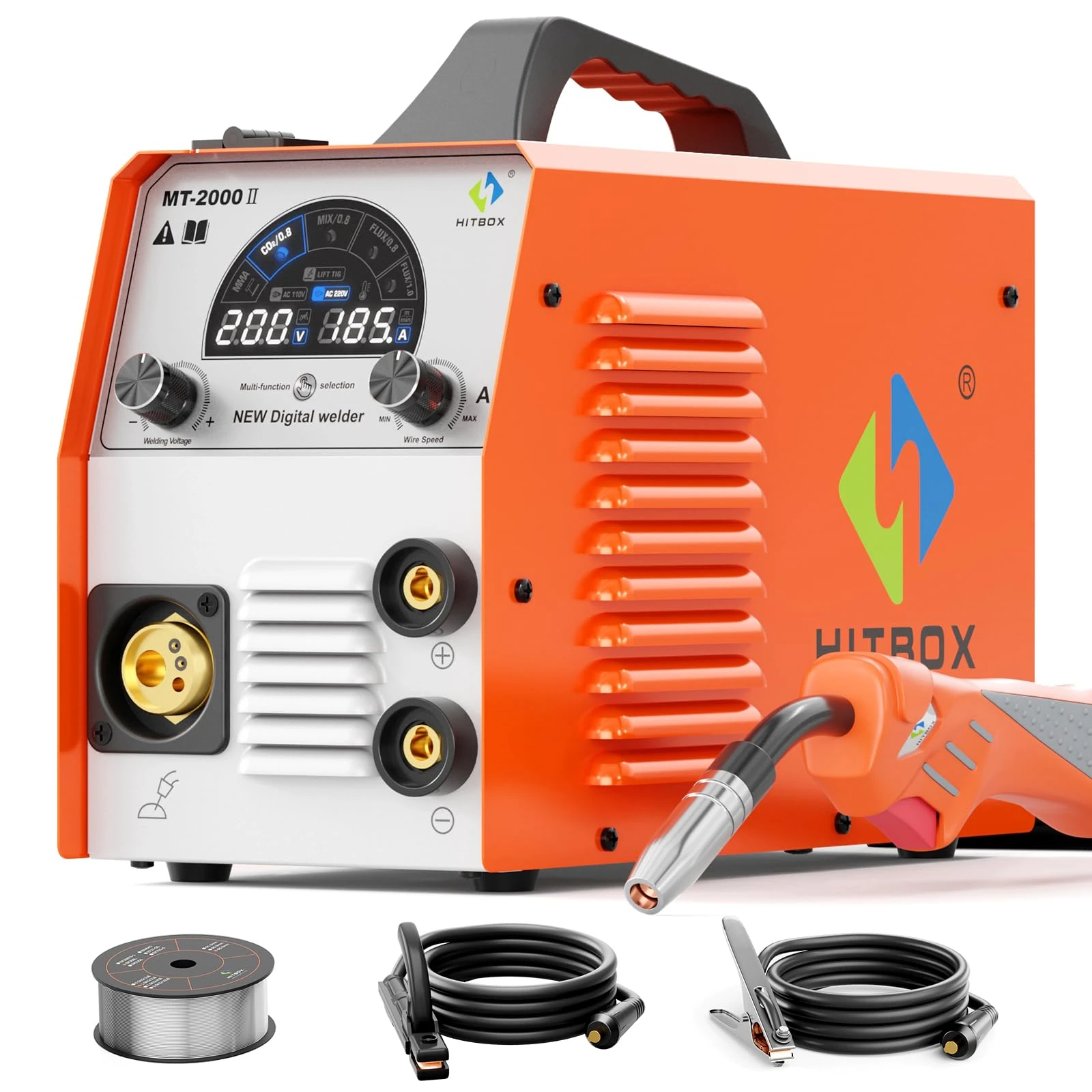 HITBOX 4 in 1 MIG Welder 200A 240V, IGBT Inverter Gas/Gasless MIG/MAG, Flux Core, MMA Stick, Lift TIG Multi-Process Synergic Welding Machine (MT2000II)