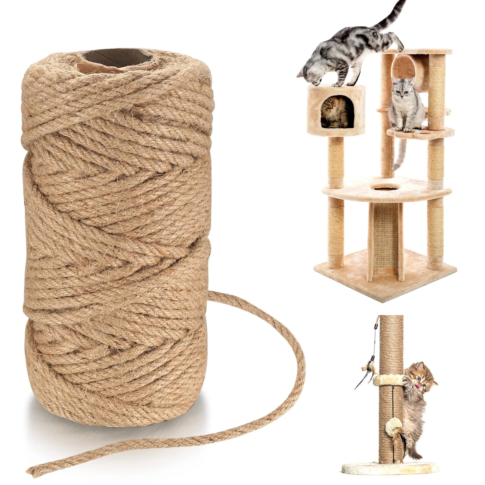 6mm Thick Jute Ropes, 50 m/ 164 Feet Jute Twine, Natural Cat Scratch Post Ropes, Hemp Rope, Sisal Rope for Floristry DIY Arts Crafts Packing Cat Scratcher Gardening Bundling Decoration