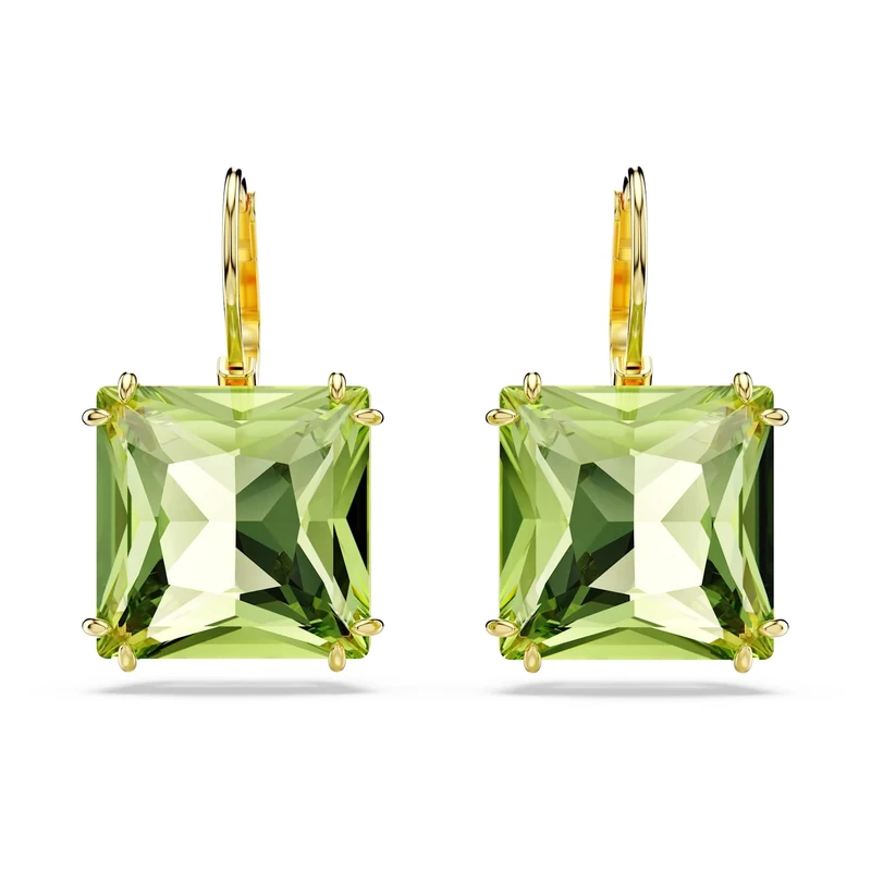 Swarovski Millenia drop earrings, Square cut, Green, Gold-tone plated
