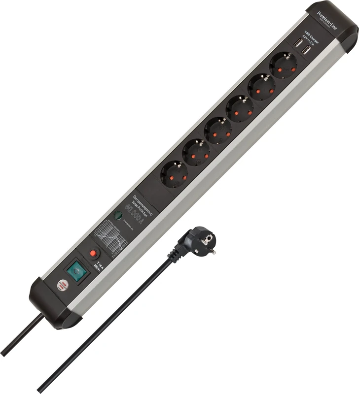 Brennenstuhl Premium-Protect-Line Extension Lead 6-way with USB and surge protection (3m cable, 2-way USB 3.1 A, with switch, Made in Germany) silver/black