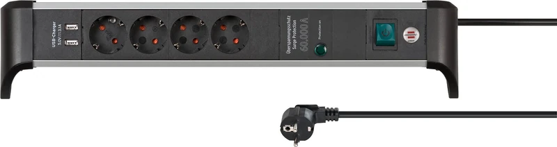 Brennenstuhl Alu-Office-Line Power Strip 4-fold with USB and surge protection (Extension Lead with 1.8m cable, 2-fold USB 3.1 A, with switch, Made in Germany)