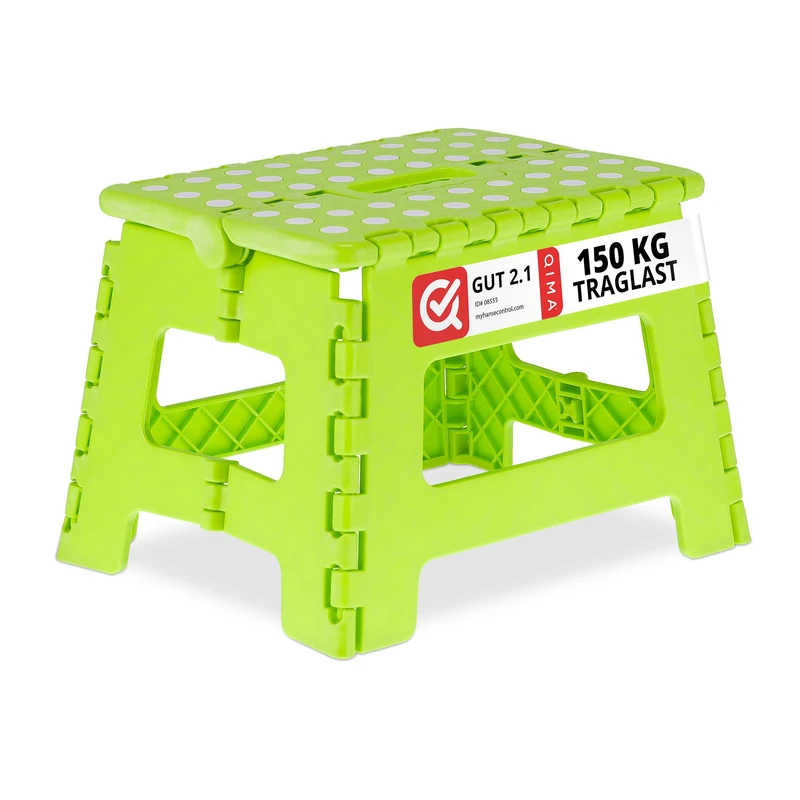 Relaxdays Folding Step Stool, Collapsible, Non-Slip, Max. Load 120 kg, Carry Handle, HxWxD: 22.5 x 32 x 25 cm, Green