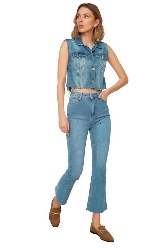 Trendyol Women High Waist Straight Leg Flare Jeans Blue