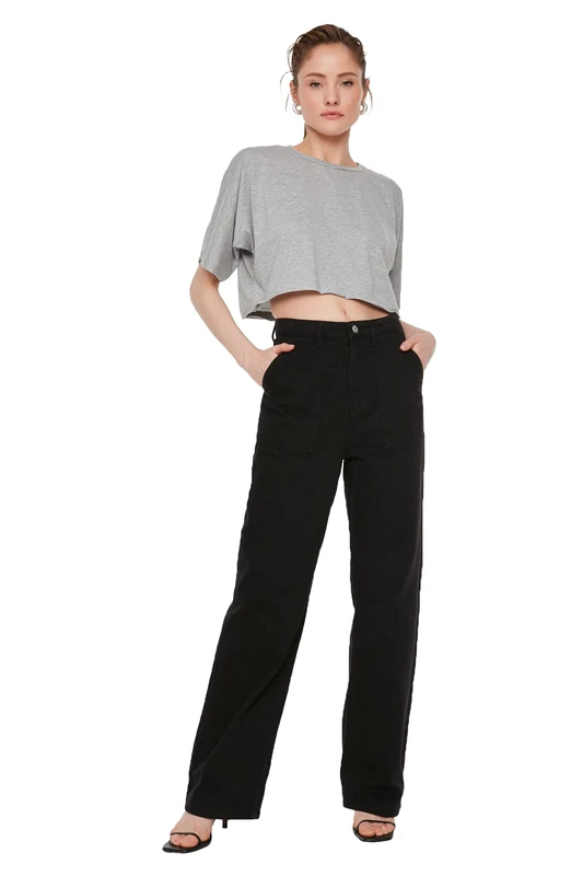 Trendyol Woman Basics High Waist Straight Leg 90's Wide Leg Jeans Schwarz