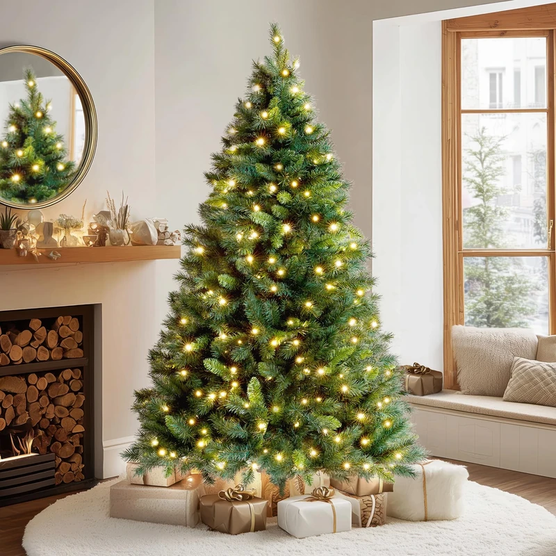 VeryMerry 5FT 'Snowhill' Pre Lit Christmas Tree with 200 Built-In Warm White LED Lights with Auto-Off Timer, 8 Lighting Modes and Foldable Metal Stand