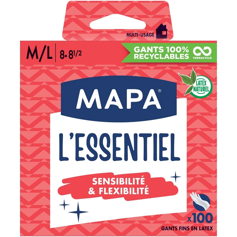 Mapa - L'Essentiel - Powdered Natural Latex Slim Gloves - Sensitivity and Flexibility - Box of 100 Gloves - Size M/L, White