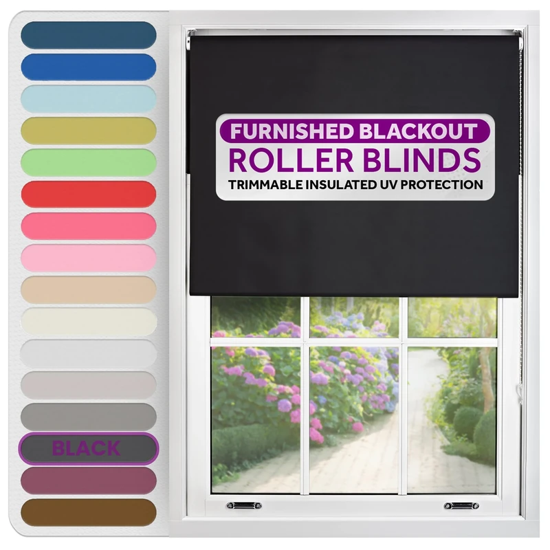 FURNISHED Roller Blinds Thermal Blackout Roller Blind - Trimmable Insulated UV Protection Child Safe Easy Fit Home Office Window Blinds, Black, 160W x 210H cm
