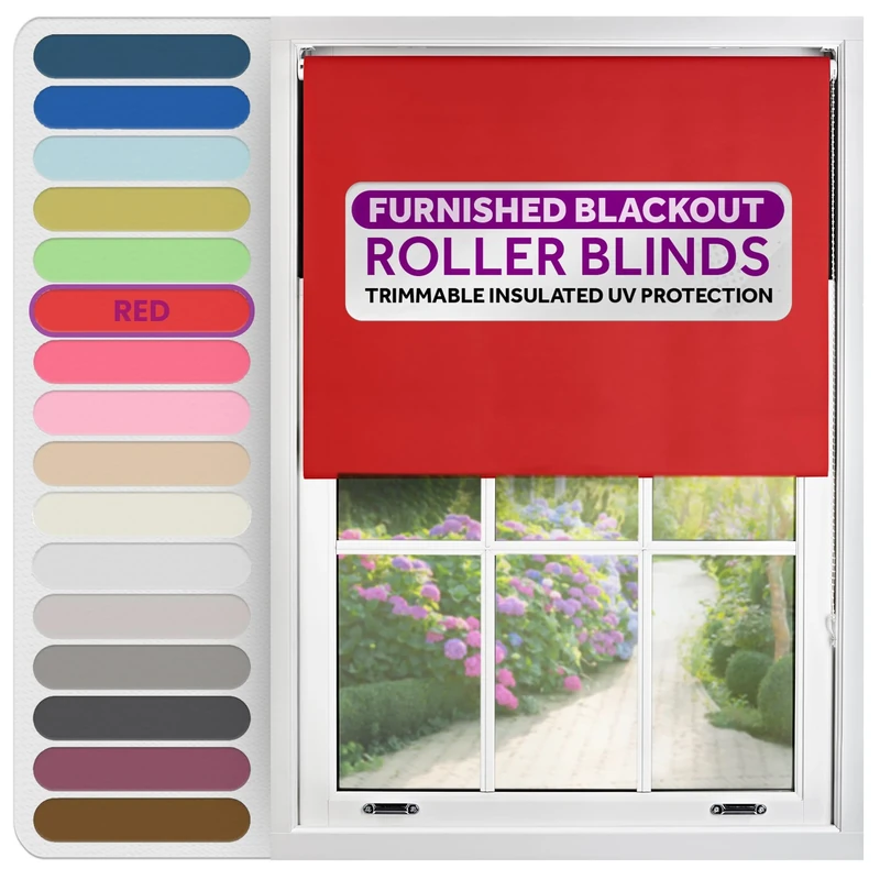 FURNISHED Roller Blinds Thermal Blackout Roller Blind - Trimmable Insulated UV Protection Child Safe Easy Fit Home Office Window Blinds, Red, 170W x 210H cm