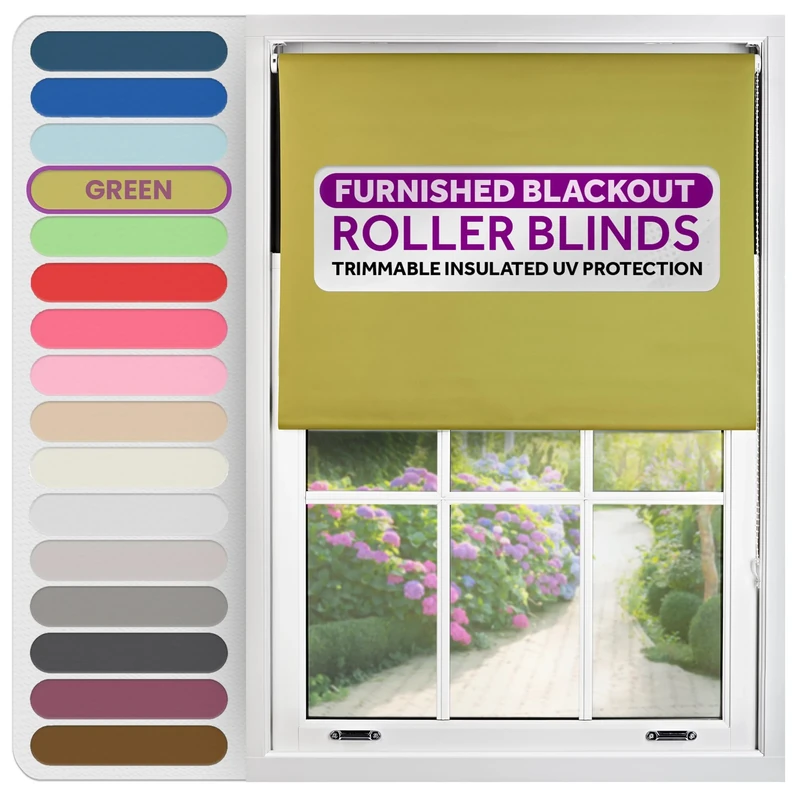 FURNISHED Roller Blinds Thermal Blackout Roller Blind - Trimmable Insulated UV Protection Child Safe Easy Fit Home Office Window Blinds, Green, 160W x 210H cm