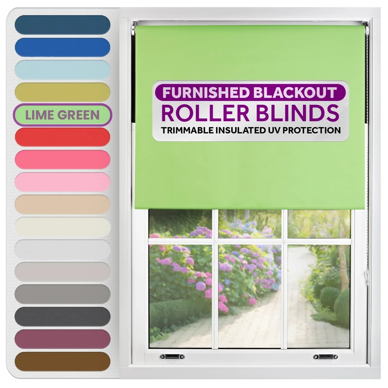 FURNISHED Roller Blinds Thermal Blackout Roller Blind - Trimmable Insulated UV Protection Child Safe Easy Fit Home Office Window Blinds, Lime Green, 160W x 210H cm