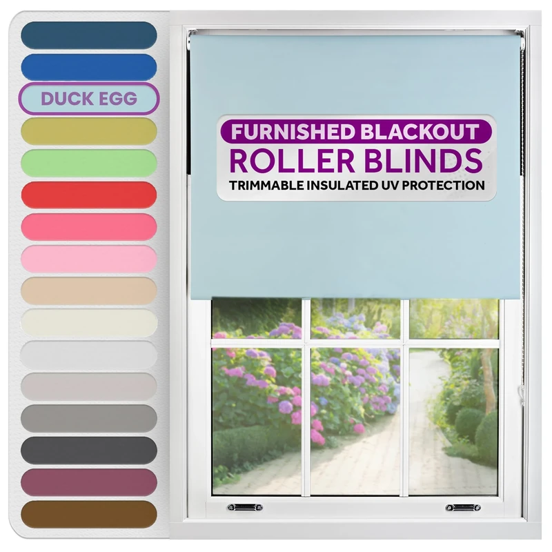 FURNISHED Roller Blinds Thermal Blackout Roller Blind - Trimmable Insulated UV Protection Child Safe Easy Fit Home Office Window Blinds, Duck Egg Blue, 175W x 210H cm