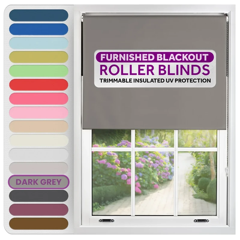 FURNISHED Roller Blinds Thermal Blackout Roller Blind - Trimmable Insulated UV Protection Child Safe Easy Fit Home Office Window Blinds, Dark Grey, 115W x 165H cm