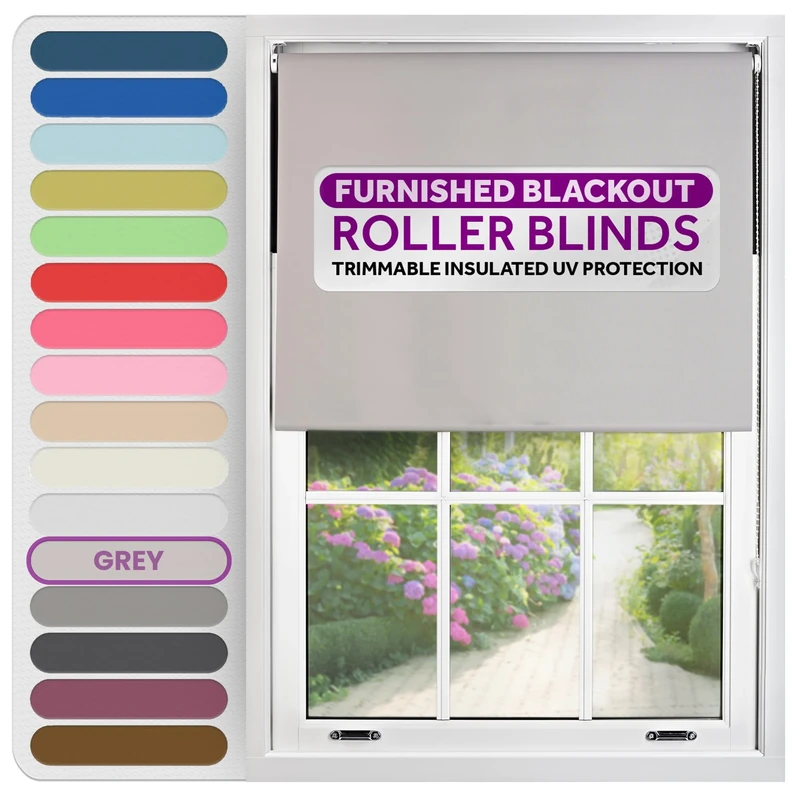 FURNISHED Roller Blinds Thermal Blackout Roller Blind - Trimmable Insulated UV Protection Child Safe Easy Fit Home Office Window Blinds, Grey, 85W x 165H cm