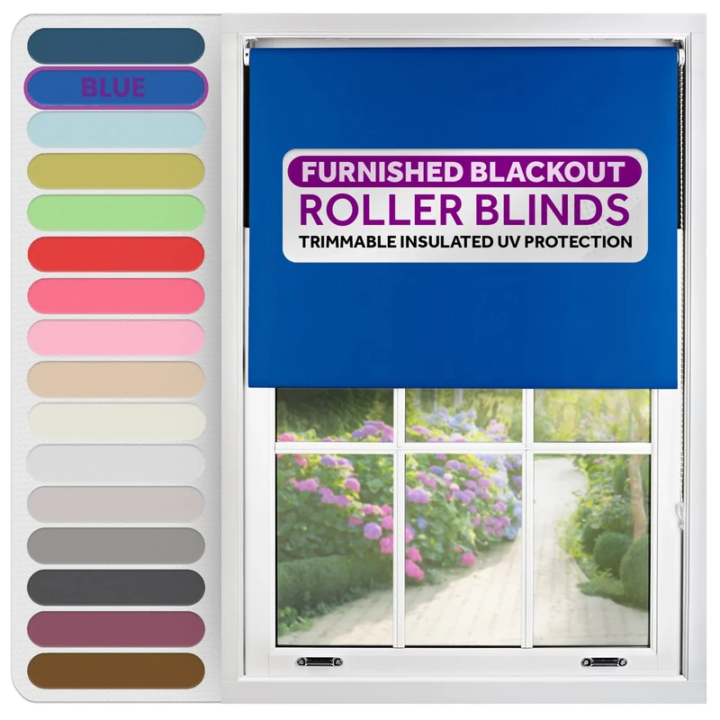 FURNISHED Roller Blinds Thermal Blackout Roller Blind - Trimmable Insulated UV Protection Child Safe Easy Fit Home Office Window Blinds, Blue, 155W x 210H cm