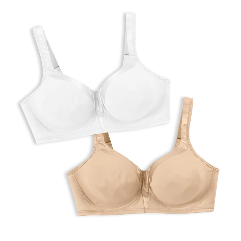 Playtex Women's 18 Hour Silky Soft Smoothing Wireless, Full-Coverage T-Shirt Bra, Single Or 2-Pack, Opaque, White/Nude, 36D (Pack of 2)