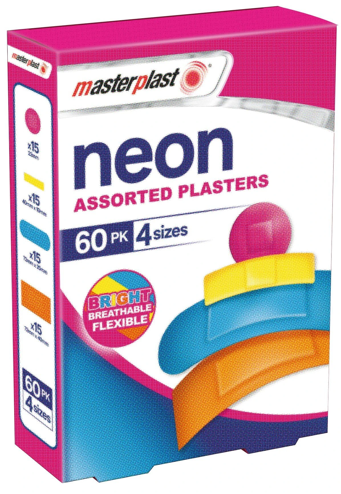 Masterplast Neon Assorted Plaster | 60 Pk | 4 Sizes