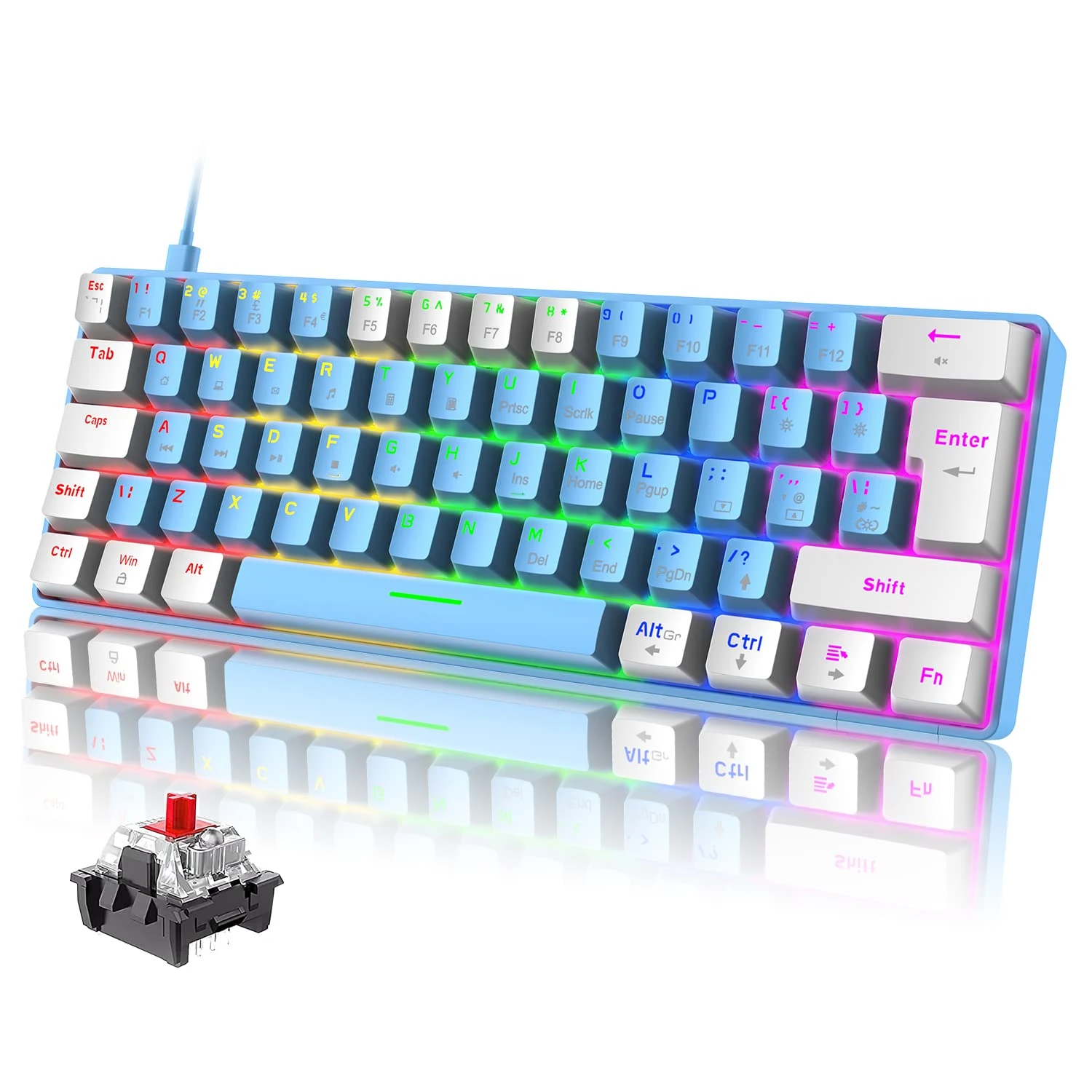 Wired 60% Gaming Mechanical Keyboard with Red Switch, UK Layout 19 Rainbow LED Backlit Mini Portable 62 Keys Detachable USB-C Cable Full Keys Anti-Ghosting Waterproof for PC Mac - Blue & White