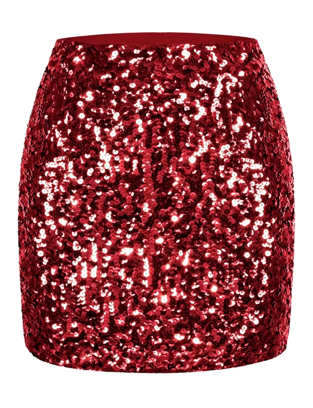 MANER Women's Sequin Skirt Sparkle Stretchy Bodycon Mini Skirts Night Out Party…, Burgundy, Medium