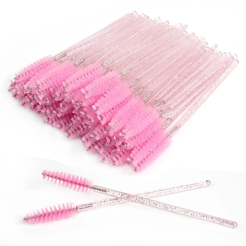 SWKJ 60 PCS Disposable Eyelash Brushes, Spoolies Eyebrow, Mascara Wands Applicator Lash Brushes Castor Oil Brush Cosmetic Makeup Tools(Crystal-pink)