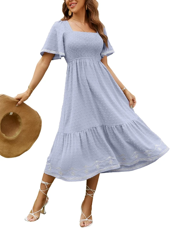 Glamaker Women's Short Sleeve Smocked Square Neck A Line Summer Flowy Maxi Long Dress, 01-Light Blue, M - Image 1