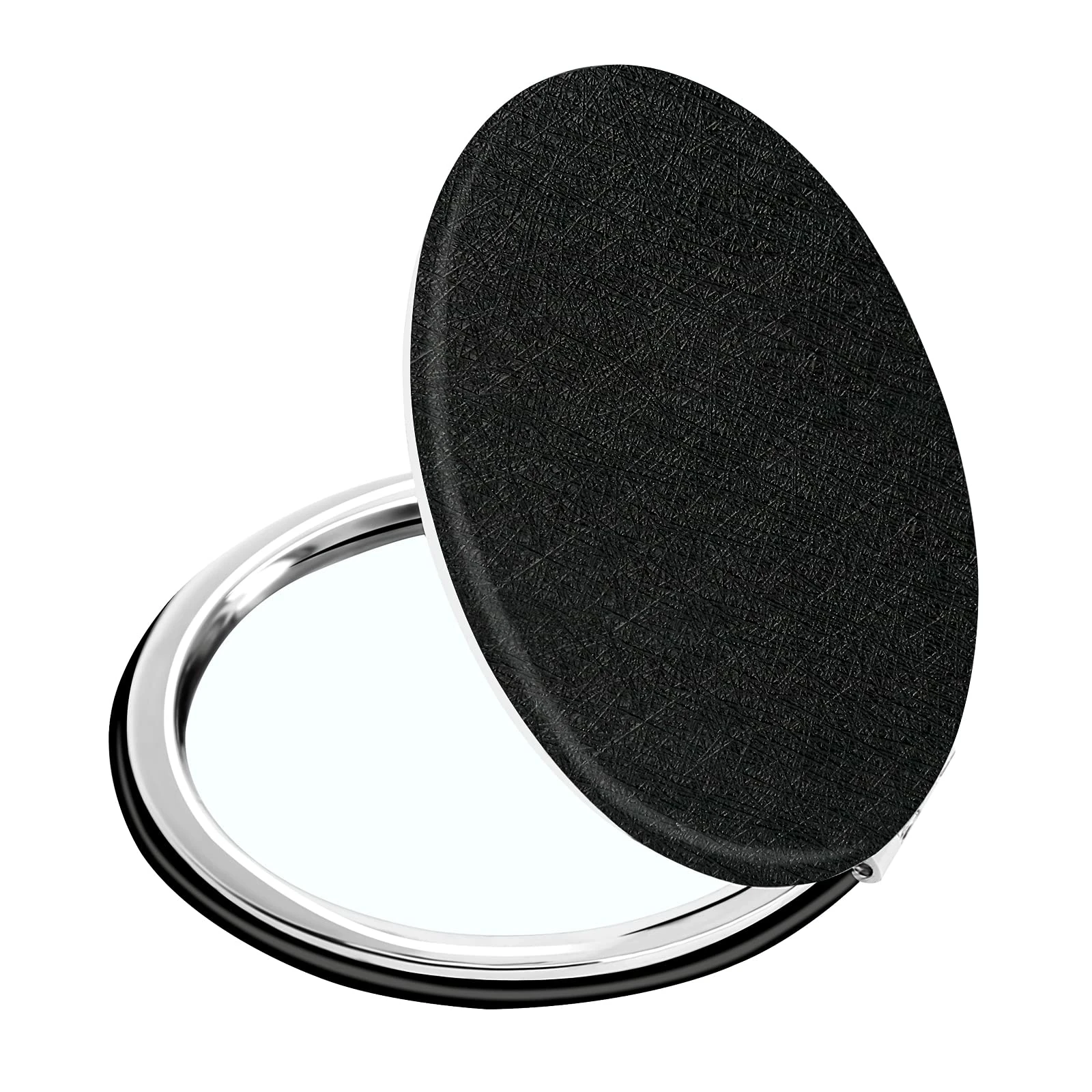 Elegant Compact Vanity Makeup Mirror for Men Women Girls, Black Round Travel Cosmetic Mirrors for Pocket Purse Wallet Handbag, Portable 1X/2X Magnifying Handheld Beauty Mirror Double-Sided