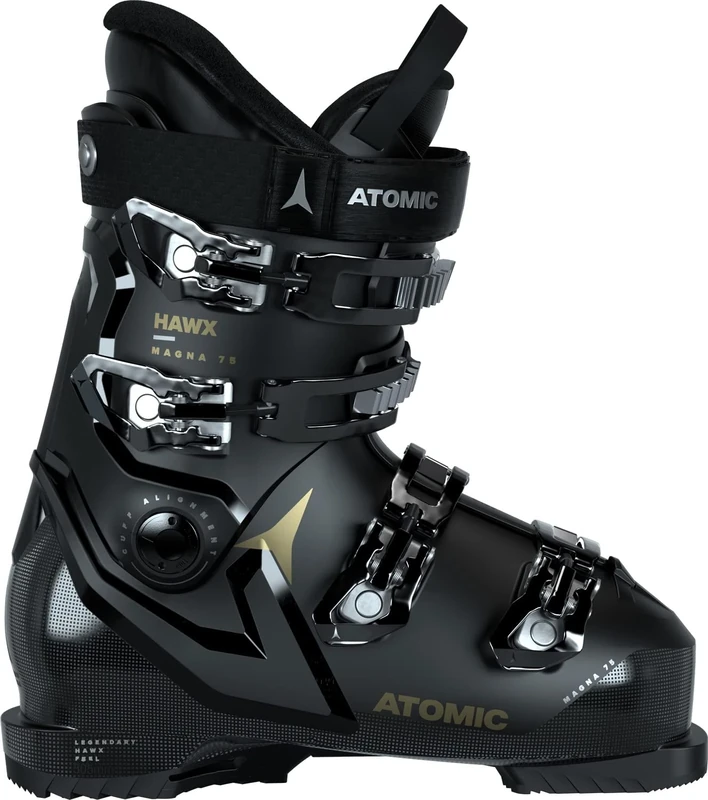 ATOMIC HAWX MAGNA 75 W Ski Boots, Alpine Ski Boots for Women, 102-mm Wide Fit, Sturdy Prolite Design, Memory Fit for a Precise Fit, Black/Gold, Size 8–9