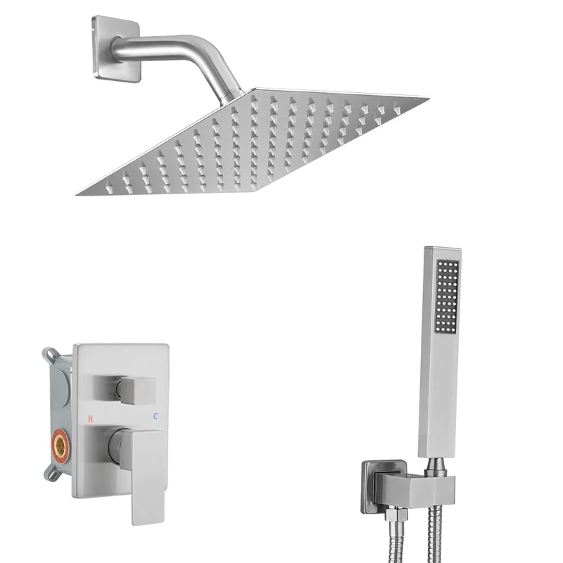 Heable Brushed Nickel Shower System with 8'' Rainfall Shower Head, Handheld Shower Head, Bathroom Luxury Rain Mixer Shower Combo Set Wall Mounted Shower Faucet Rough-in Valve and Trim Kit