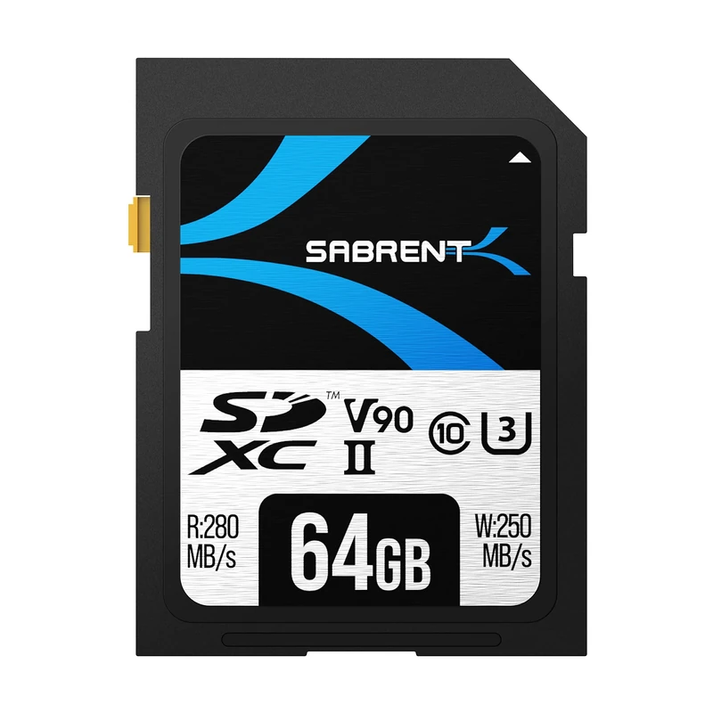 SABRENT SD card 64GB V90, SDXC card UHS-II, memory card SDHC, Class 10, U3, Full HD & 8K UHD card, 280MB/s for professional photographers, videographers, vloggers (SD-TL90-64GB)