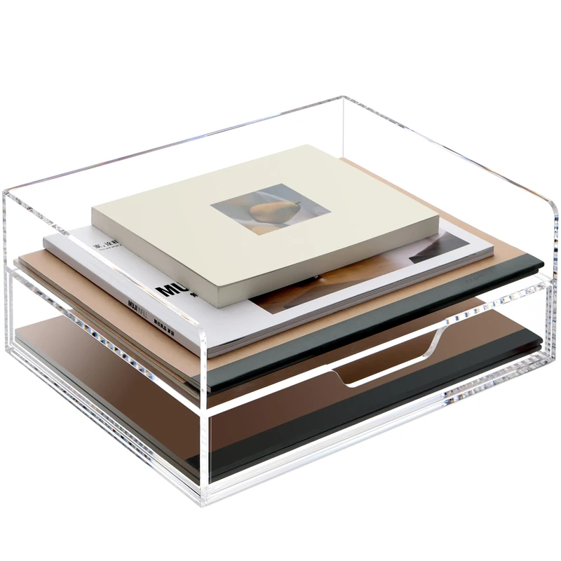 SANRUI Acrylic Desk Organizer with Drawer, 2 Tier Paper Tray for Letter/A4 Printer Paper/Magazine, Home Office Supplies