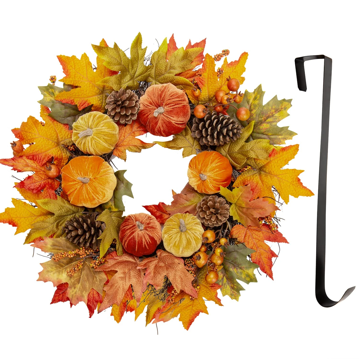 Briful 24" Artificial Wreath Autumn Wreath Door Wreaths with Velvety Pumpkin Silk Maple Leaves Natural Pinecones, Front Door Wreath with Metal Hanger for Wall Window Halloween Festival Décor