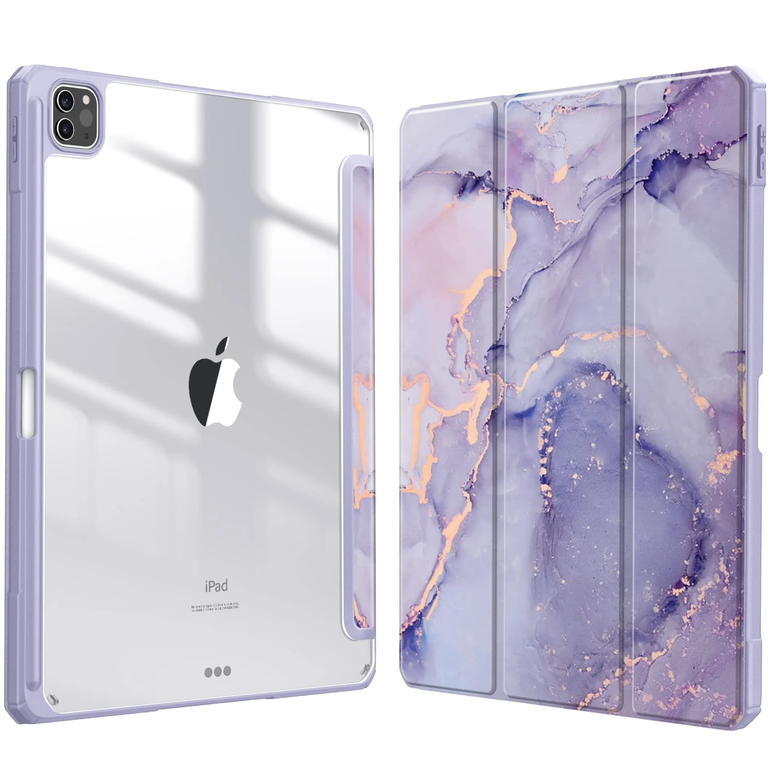 FINTIE Hybrid Case Compatible with iPad Pro 12.9 inch (2022/2021/2020/2018, 6th/5th/4th/3rd Generation) - Shockproof Clear Back Cover with Pencil Holder, Auto Wake/Sleep, Lilac Marble