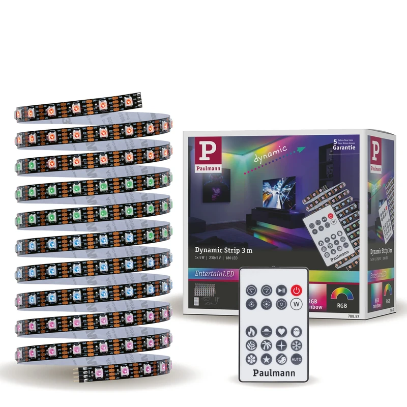 Paulmann 78887 LED Strip Dynamic Set 3 m Dynamic Rainbow RGB IP20 12 V DC incl. 1 x 5 Watt Dimmable Strip Light White Plastic