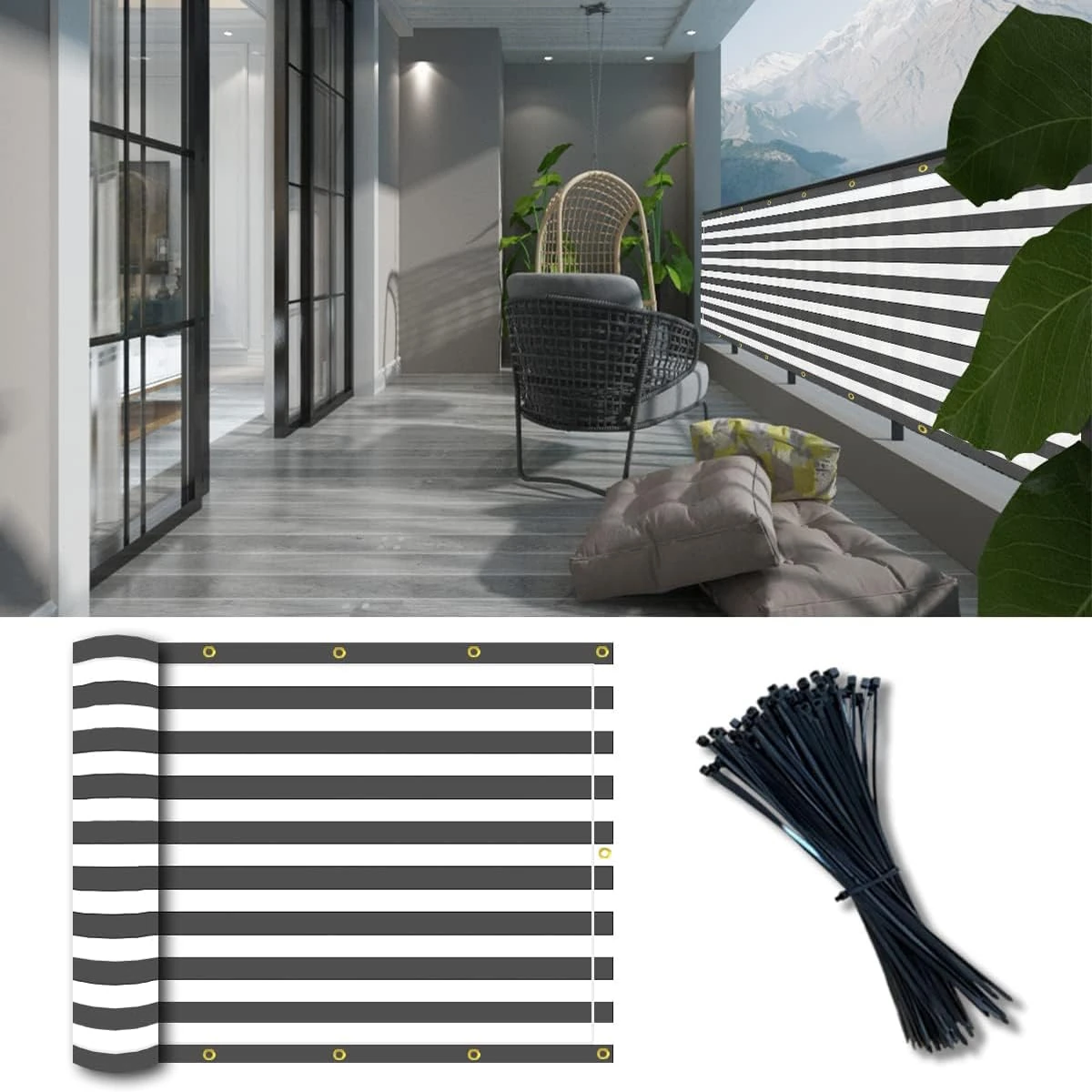 Vocray 0.9X5M Privacy Screen for Balcony Apartment Railing, Sun Protection Balcony Netting, Wind and Dust Barrier, Mesh Fabric for Outdoor Privacy Shield, Pool, Terrace, Patio, Fence Cover(Panda)