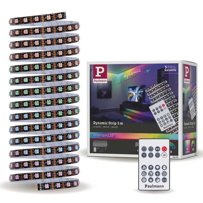 Paulmann 78888 LED Strip Dynamic Set 5 m Dynamic Rainbow RGB IP20 12 V DC incl. 1 x 10.5 Watt Dimmable Strip Light White Plastic