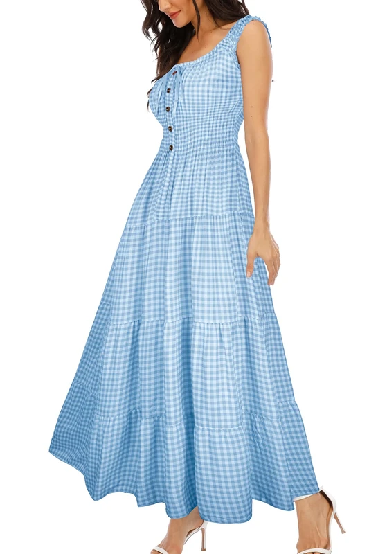 OSTOO Women's 2025 Summer Boho Floral Print Tiered Casual Flowy Long Maxi Dress, Blue Plaid, S