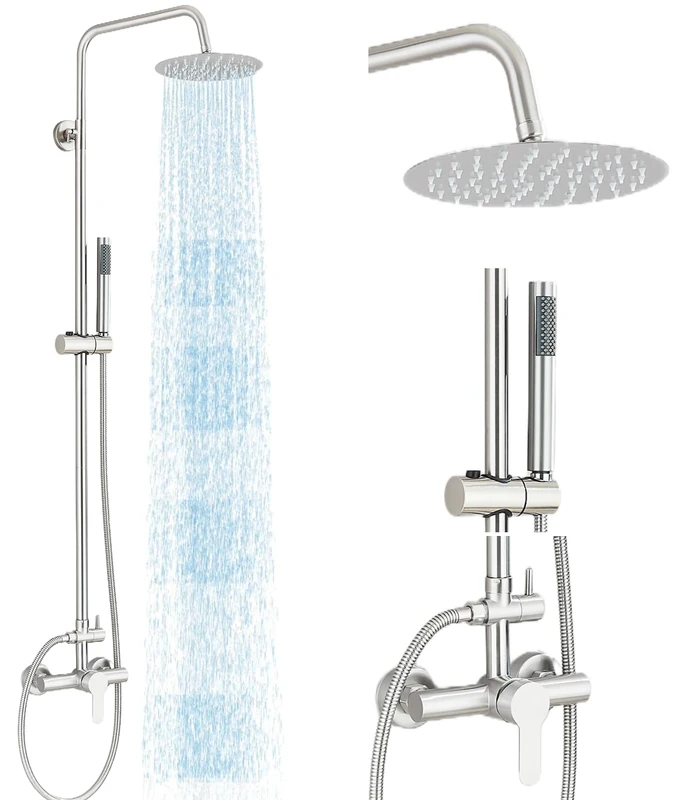 MOSSON Rain Shower System Outdoor Shower Fixtures with 8" Rain Shower Head Handheld Sprayer Single Handle Wall Mounted Bathroom Shower Faucet Set Brushed Nickel for Bathroom or Backyard