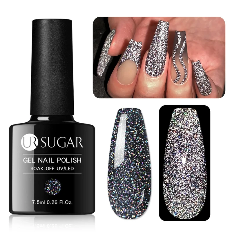 UR SUGAR Reflective Glitter Gel Polish, Black Gel Nail Polish Sparkling Shimmery Glitter Soak Off U V Nail Varnish, Black Nail Polish Manicure for Halloween Holiday Set Gift