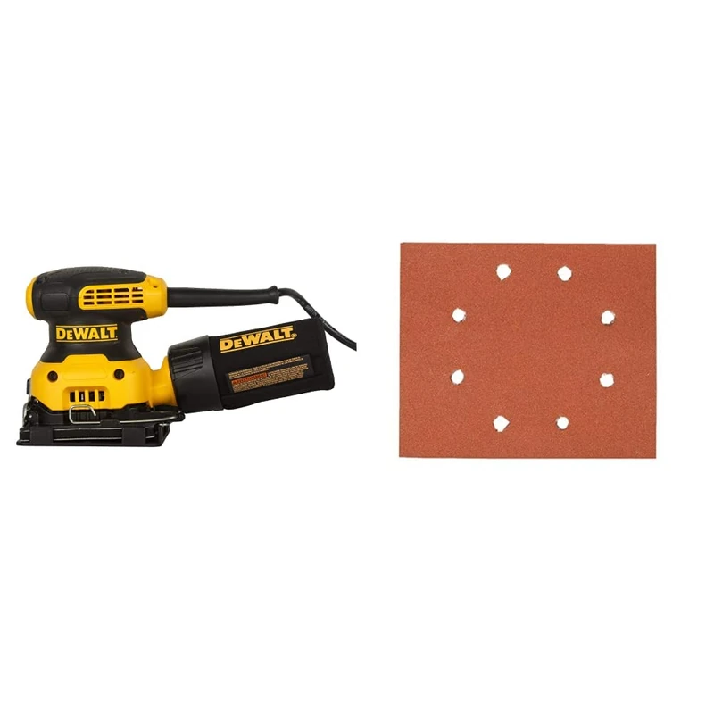 Dewalt DWE6411-GB DWE6411 Sheet Sander, Yellow/Black, 240 V, Set of 3 Pieces & Dewalt DT3024-QZ Quarter Sanding Sheet, Pre-Punched, 115 mm x 115 mm, 180 g (Pack of 10)