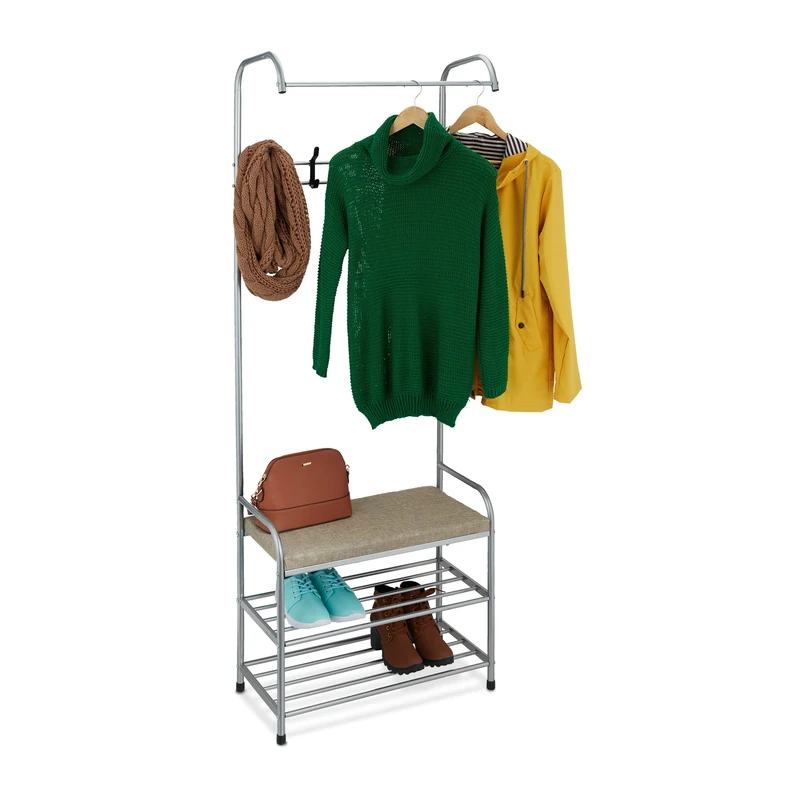 Relaxdays Coat Rack with Shoe Shelf & Bench, made of Metal, Free-Standing, with 4 Hooks, HWD: 173 x 64 x 30 cm, Grey, Steel
