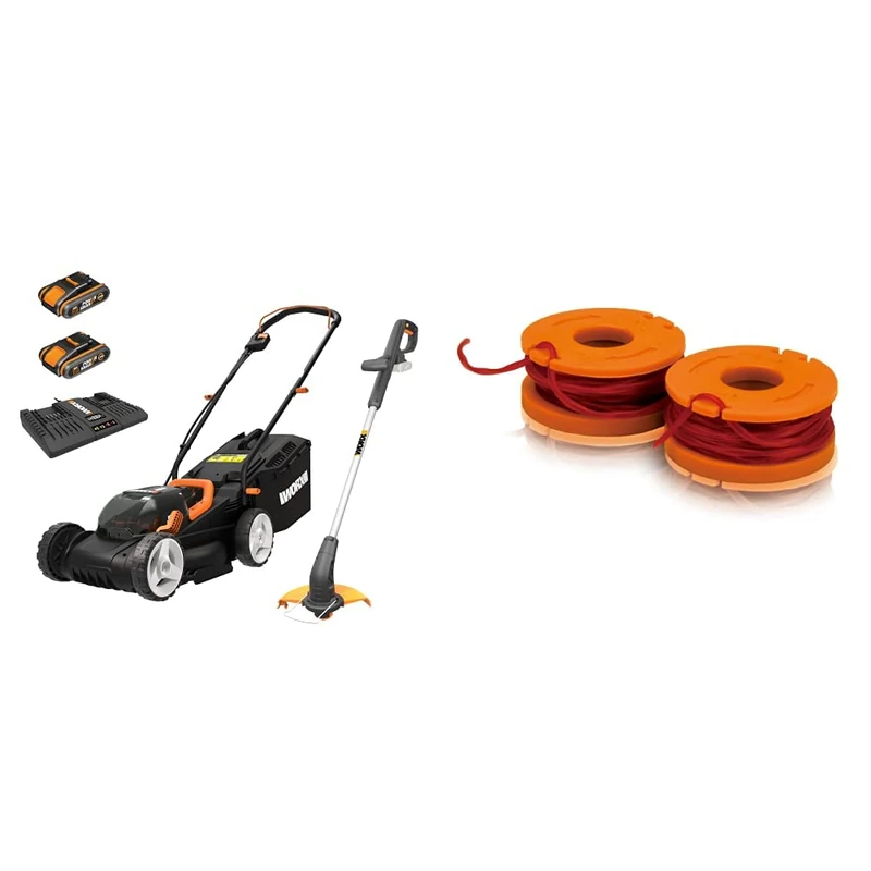 WORX WG927E Dual 20V Battery 34cm Cordless Lawn Mower & 18V (20V MAX) Cordless Grass Trimmer&Spool & Line to Fit All 20 V Cordless Grass Trimmer, Set of 2, Set of 2 wa0004.1