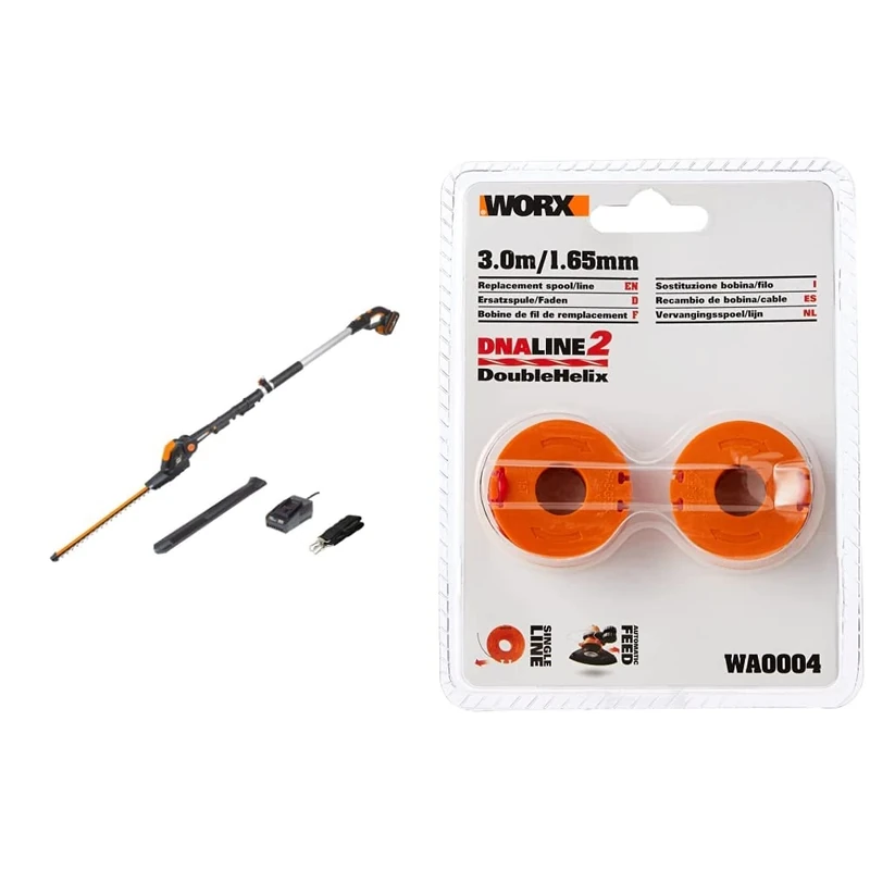 WORX WG252E 18V (20V Max) Cordless Pole Hedge Trimmer 45cm 2.0Ah Battery & WA0004 Replacement Spool and Line for Grass Trimmers Orange