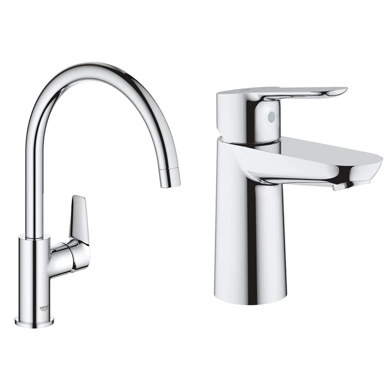 GROHE BauEdge Kitchen Faucet, Tool-Less Installation, 360° Swivel, Chrome Finish, Silver
