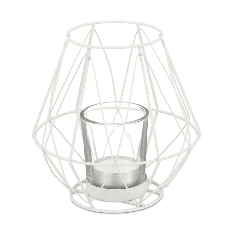 Relaxdays Geometric Design Tealight Holder, White, 14 x 14 cm, 70% Iron 30% Glass, for Home Decor, Weddings, Birthdays