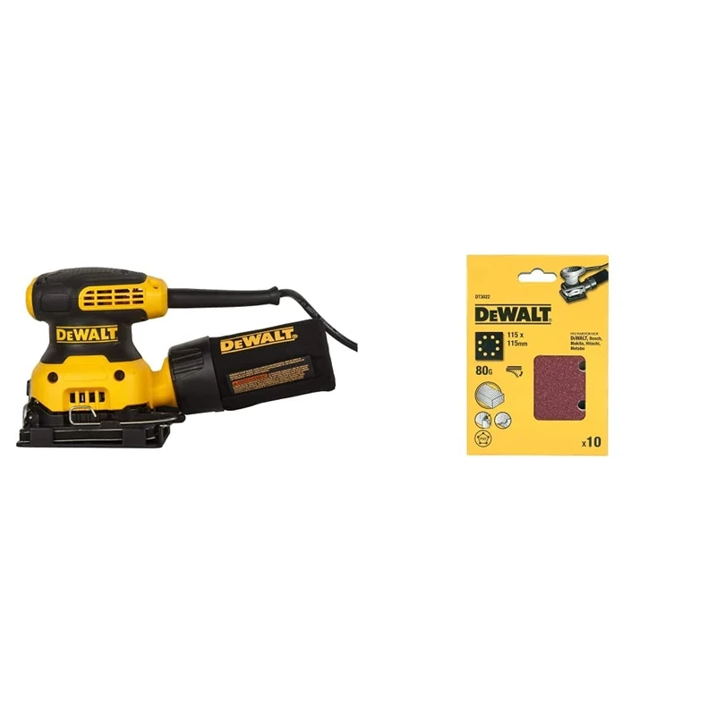 Dewalt DWE6411-GB DWE6411 Sheet Sander, Yellow/Black, 240 V, Set of 3 Pieces & Dewalt DT3022-QZ Sanding Belt K80, 115 x 115 mm, Set of 10 Pieces