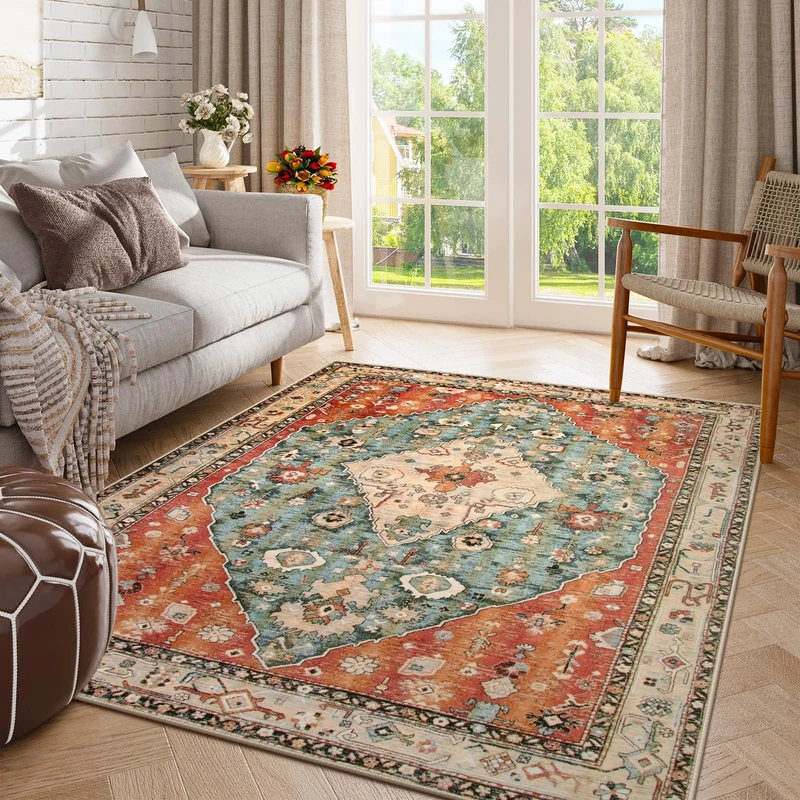Lahome Boho Tribal Area Rug - 5x7 Large Washable Living Bedroom Rug Distressed Oriental Non-Slip Non-Shedding Print Floor Carpet for Dining Room Home,Rust/Dull Teal