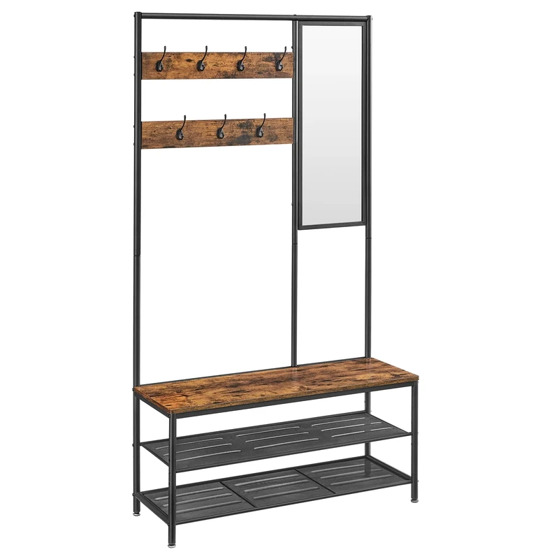 VASAGLE Coat Rack with Shoe Storage, Coat Stand for Hallway with Mirror, Hooks, Bench, and Shoe Shelves, 35 x 98 x 180 cm, Hallway Bedroom Entryway, Industrial, Rustic Brown and Ink Black HSR415B01