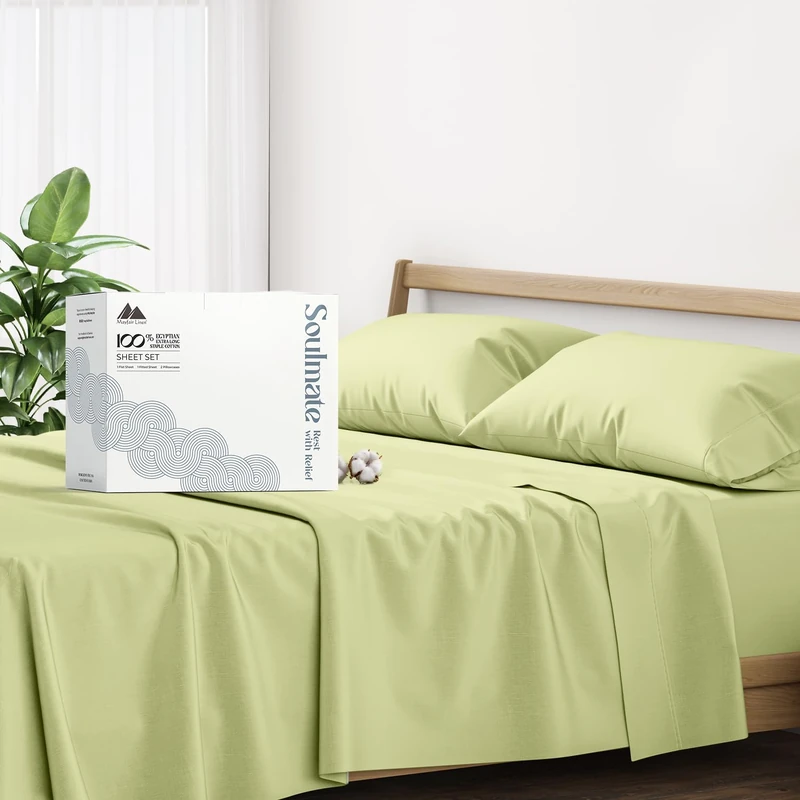Mayfair Linen Twin Sheet Sets Cotton - Luxury 500 Series Soulmate Collection 100% Egyptian Cotton Twin Sheets (3 PC, Sage Green), Extra Soft, Cooling, Sateen Weave, 16" Deep Pocket Hotel Bed Sheet Set