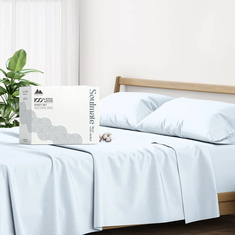 500 Thread Count 100% Cotton Sheet Light Blue Queen Sheets Set, 4-Piece Long-Staple Combed Pure Cotton Best Sheets for Bed, Cooling, Soft & Silky Sateen Weave Fits Mattress Upto 16'' Deep Pocket