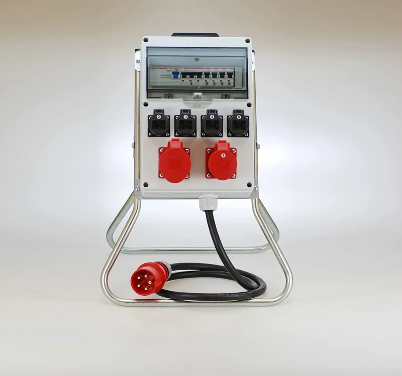 Ehmann PROFI splitter with frame and switch RCD, made in Germany, 6 outputs (1 x CEE 32 A / 1 x CEE 16 A / 4 x 230 V~), cable 2 m H07RN-F 5G 6.0 mm², IP54, K2, BGI -GUV-I608