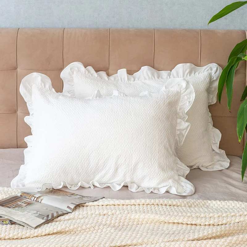 GLORY SEASON Pillow Shams Set of 2 Pure Cotton Champray Ruffled Edge,Thick and Solid Washed Dobby Heavy Fabric (Standard 20x26 inches)
